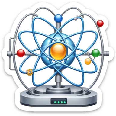 An icon featuring a large particle collider, atom symbols, and energy waves, symbolizing the field of physics. The design includes a lab setup with scientific equipment, representing experiments and fundamental forces of nature. Transparent background highlights the exploration of matter and energy. sticker