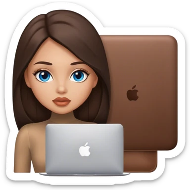 Glamours tanned very beautiful girl with big pump peach lips and dark chocolate straight smooth long hair, blue eyes in brown/beige bodysuit with MacBook sticker