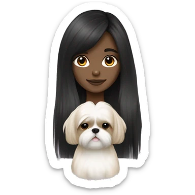 Black long hair pale skin tone  girl with cream colored shih tzu  sticker