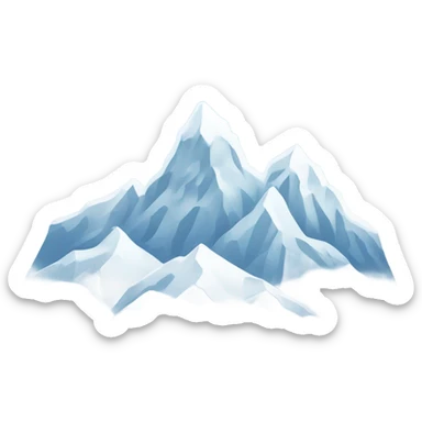 Create an emoji featuring snowy mountain peaks under a clear blue sky. Add a few snowflakes falling and soft white clouds. Use cool tones like white, light blue, and gray for a crisp, wintery aesthetic sticker