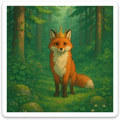 red fox with a crown in a Scandinavian forest, lush greenery, magical atmosphere, soft lighting, Ghibli style sticker
