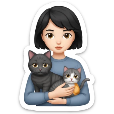 wavy black haired girl with a short haitcut holding a british cat sticker