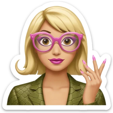a snake with a bitchy face, a dirty blonde wig, pink pointy nails and square frame golden glasses sticker