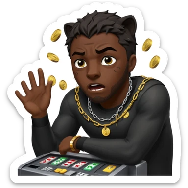 disheveled Black Panther losing money at a slot machine, panicked face, coins flying sticker
