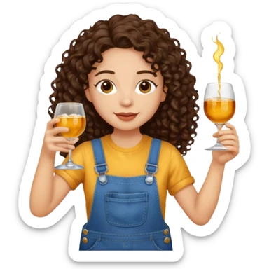 Curly haired curl with long dark brown hair and light skin in overalls toasting with alcohol  sticker