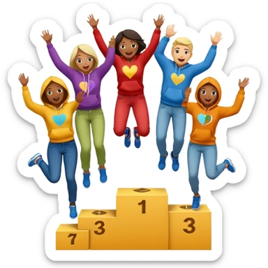 multi-racial group on a winners’ podium with middle step higher, no numbers on podium, colorful jeans t-shirts and hoodies, one person jumping, excited fun expressive emoji style sticker
