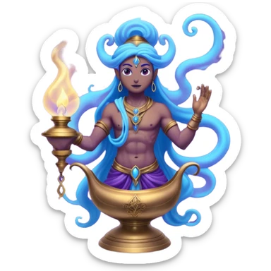 mystical fantasy illustration of a powerful jinn emerging from an ancient golden lamp. Glowing blue and purple smoke spirals upward in a smooth circular motion, creating the illusion of a looping animation.  sticker