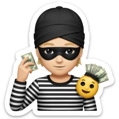 a short ios emoji-style portrait of a classic burglar, a black eye mask (looks like a blindfold) and a black-and-white striped shirt. emoji-like hair, black hat, ONE bag of money 💰 with a dollar sign in a right corner sticker