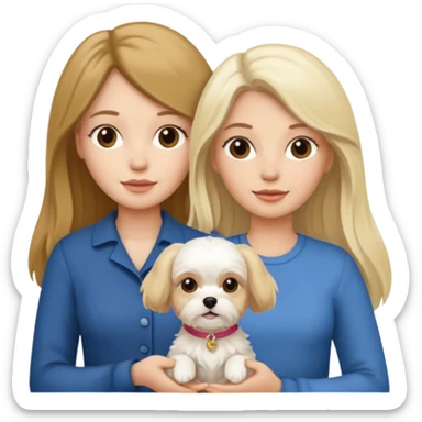 two women are holding only one Maltese dog. one woman is brunette the other woman is blonde long haired  sticker