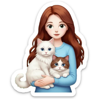A woman with long dark auburn hair holding a white ragdoll cat in a garden full of flowers sticker
