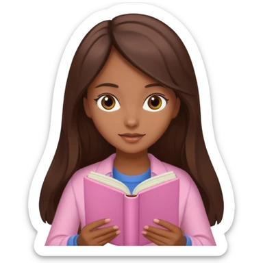 Beautiful brown skinned brunette girl with long brown silky hair with brown eyes reading a pastel pink book  sticker