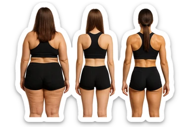 fai una donna di spalle in gym shorts leggermente sovrappeso e con cellulite e accanto una seconda donna di spalle magra (che è dimagrita post dieta) e accanto una terza donna in forma allenata e con le giuste proporzioni, l'immagine deve rappresentare il processo: da donna grassa, a donna piatta e magra, a donna allenata e in forma con i giusti muscoli, iperrealistico 4k sticker