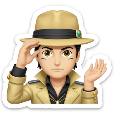 An emoji of jotaro Kujo from JoJo's Bizzare Adventures part 3 with his hand holding the tip of his hat downwards covering both of his eyes sticker