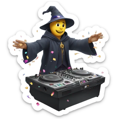 A wizard playing a DJ decks with confetti falling around him sticker