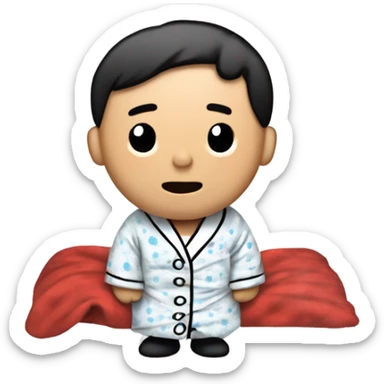 A Chinese guy wearing pyjamas (with a singular button sewed onto left shoulder) in snoopy blanket sticker