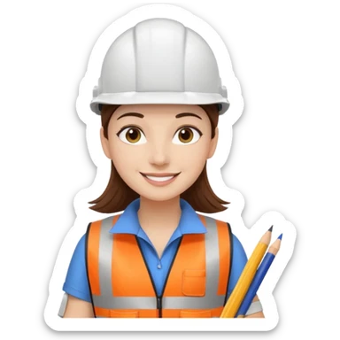 Arquitecta ojos marrones oscuros pestañas pelo marron por los hombros sonrie casco blanco con material de dibujo y chaleco reflecyante sticker