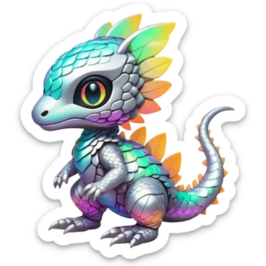 futuristic modern cybernetic kawai cute lush warm-colored iridescent whitish silvery scaley neon-colored Fakémon-Trico-creature (full body) sticker