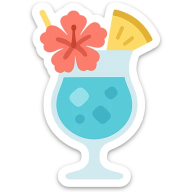 tropical fruity blue cocktail with hibiscus and pineapple garnish sticker