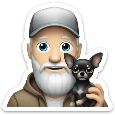 Handsome blue eyed man, with grey hair,  and grey goatee beard, wearing ball cap, holding ‘a black long hair chihuahua’ sticker