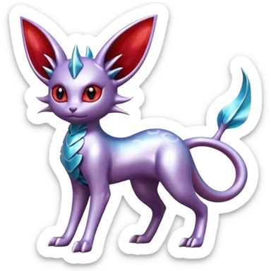 Mechanical Silvery Iridescent Miraidon-Espeon-Mewtwo-Vaporeon-Fakémon-hybrid-creature (full body)  with red eyes and intricate markings sticker