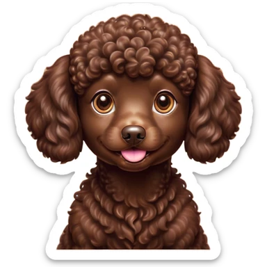 Cinematic Cute Chocolate Poodle Portrait Emoji, Head tilted playfully and inquisitively, showcasing a bouncy, curly chocolate Fur with a healthy sheen, round, sparkling brown eyes filled with curiosity, Simplified yet irresistibly adorable features, highly detailed, glowing with a warm, friendly glow, high shine, affectionate and lively, stylized with a touch of whimsy, bright and endearing, soft glowing outline, capturing the essence of a mischievous yet loving companion, so playful it feels like it could bounce out of the screen and into your arms! sticker