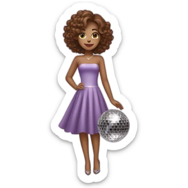 female with brown wavy hair dressed in a party dress and disco ball sticker