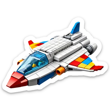 A photorealistic icon featuring a detailed LEGO spaceship, with colorful bricks assembled into a futuristic design. The model includes small LEGO pieces, creating a sense of craftsmanship and creativity. Transparent background, symbolizing LEGO building and space exploration. sticker