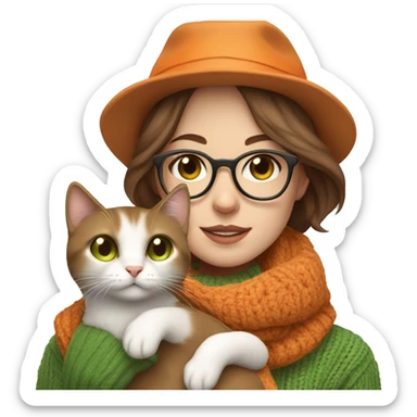 Woman with thin brown hair and a hat with glasses and brown eyes pale skin wearing a scarf and a sweater, holding an orange and white cat with green eyes sticker
