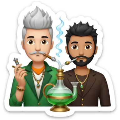 Brass hookah with green design on a glass water base on the top; with two smoke pipes where people are holding them and smoking - one white guy with spikes (silver and black hair) and another Tamil handsome with little beard Indian guy. The Tamil guy is not having spiky hair  sticker