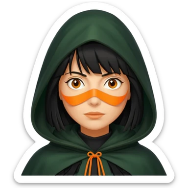 traitor tv show, person wearing dark green cloak with hood up who looks like claudia winkleman orange skin tone and thick black fringe no orange on the cloak  sticker
