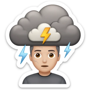  battery with no energy and cracks on it and a gray cloud abouve the head sticker