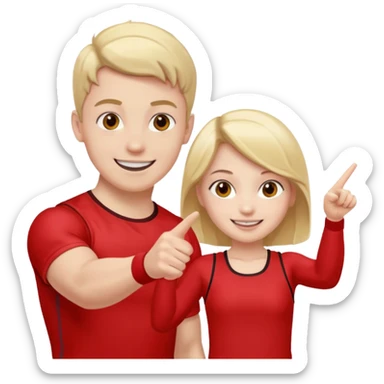 Girl and boy in red gym clothes who points out sticker