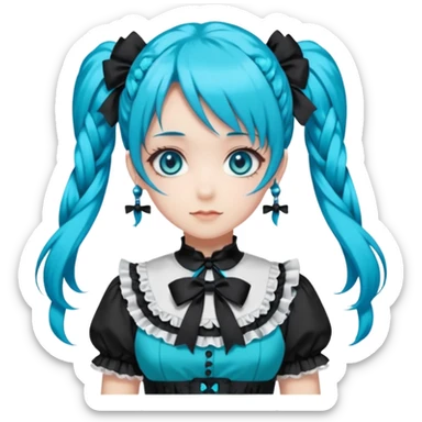 anime-style female character with bright turquoise hair styled in twin tails and matching blue eyes. Her outfit is a frilly turquoise and black dress in a Lolita-esque style, heavily contrasted with black ribbons and trim. A key detail is the prominent "AWP" logo printed in black on the chest, sticker