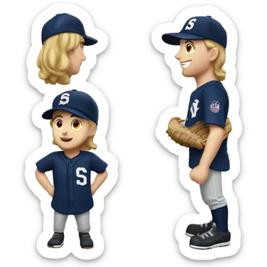 Caucasian baseball player with navy jersey and hat with S initial sticker