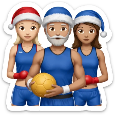 crie a imagem de 3 atletas, um homem no meio e duas mulheres, de modalidades esportivas diferentes, usando elementos esportivos, como por exemplo bola de futebol, luvas de luta e bola de vôlei... e usando um chápeu de papai noel das cores verde e azul e roupas azul sticker