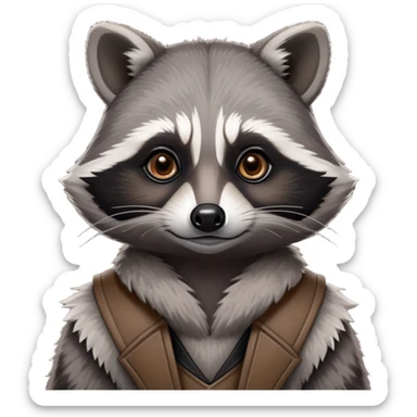 Cinematic-Noble-Raccoon-Portrait-Emoji – Poised and confident, with a sturdy build and a beautifully textured fur of silver-grey accented by dark black facial markings, deep-set, intelligent brown eyes, simplified yet sharp and sophisticated zoom out to show shoulders sticker