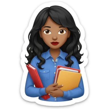 A young woman with long black hair, a wavy frange falling on half of her head. There's a long wavy stretch of hair falling on the side of her head. She's black, medium to dark skinned with thick lips. She's holding folders, and she's a CEO, but she's wearing casual clothes. sticker