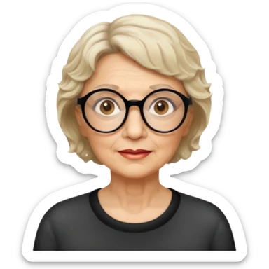 woman 70 years old, very short blonde weavy hair, brown eyes and round dark glasses sticker