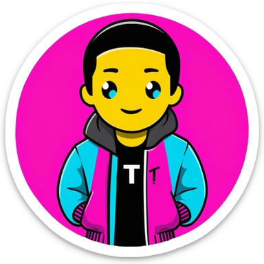 Minimalist sticker with white 'tt' letters on a black circle with cyan, magenta, and yellow dots below, jacket with street style influence sticker