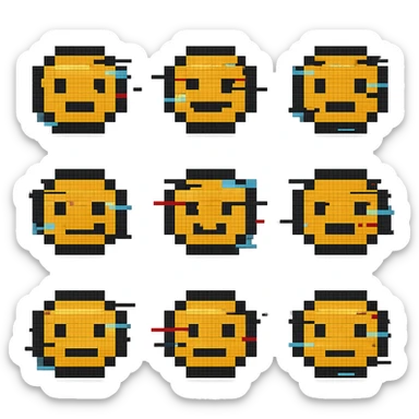 Add animated static lines to the glitch emoji in pixel art style, keeping the background transparent. Maintain the pixelated look and glitchy effect with static lines animation. sticker