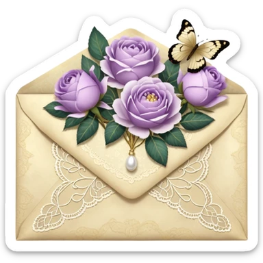 A delicate still life of an aged love letter sealed with golden wax, placed on a vintage lace doily, accompanied by a bouquet of pale purle roses and white peonies, with a shimmering pearl butterfly resting on the envelope. sticker