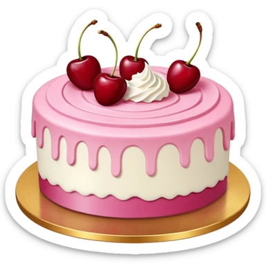 Round pink frosted cake with textured buttercream sides, placed on a gold cake board.
White whipped cream swirls on top, each topped with glossy red cherries with stems, clean studio lighting, isolated background, realistic minimal emoji-style. sticker