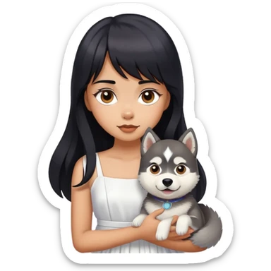 A girl with long black hair, with a few bangs curled to the sides, wearing a white dress and holding a husky  sticker