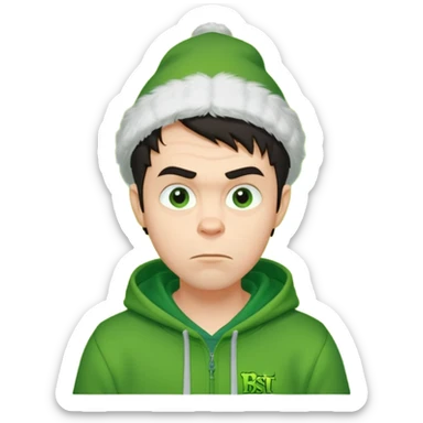 Create an avatar of white European with dark hair  male in hoodie with ``BST`` letters on it. Make background to look like from movie Grinch. make him look to left side sticker