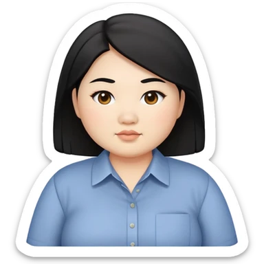 chubby asian waman with round eyebrow, shoulder length black hair, casual shirt, business casual sticker
