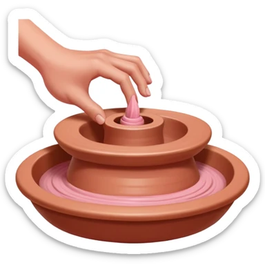 thumbs pressing downward into the center of pink clay to open it on a spinning pottery wheel sticker