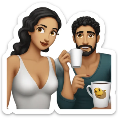 A woman in her twenties of Moroccan ethnicity with large black eyes, a small nose and long curly black hair, close-up of her face drinking coffee, with a bald, bearded man next to her. sticker
