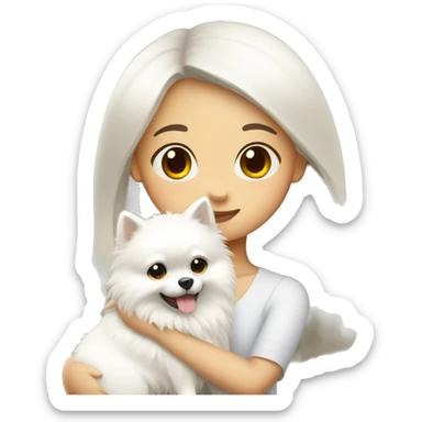 Chinese girl hugging white Pomeranian sticker