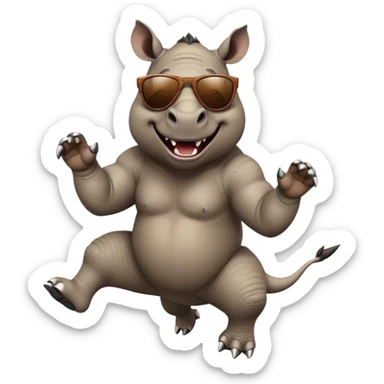 friendly anthropomorphised rhino jumping with excitement, wearing dark sunglasses, dynamic energetic pose sticker