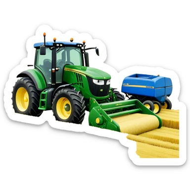 Baler – New Holland Roll-Belt 560 (2018) – Cinematic-realistic John Deere 6155M tractor towing a New Holland Roll-Belt 560 baler, its deep green body contrasting with the bright blue baler. The massive machine moves steadily through golden fields, compressing freshly cut hay into tight round bales, while dust swirls under the blazing afternoon sun. sticker